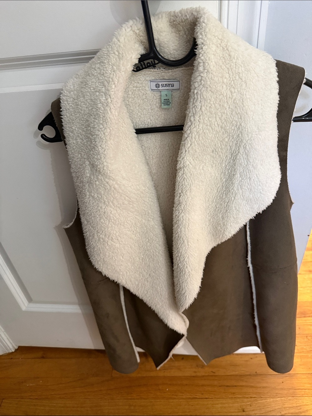 Susina Olive Faux Suede Vest with Cream Sherpa Collar